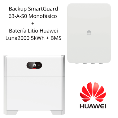 Pack Huawei Backup SmartGuard 63-A-S0 Monofásico  +  Batería Litio Luna2000 5kWh + BMS